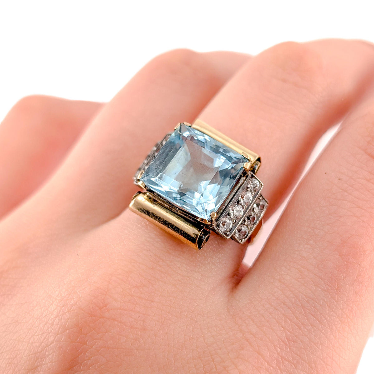 Vintage 14K Gold & Platinum 7 ct Aquamarine Retro Tank Ring with Paste Accents