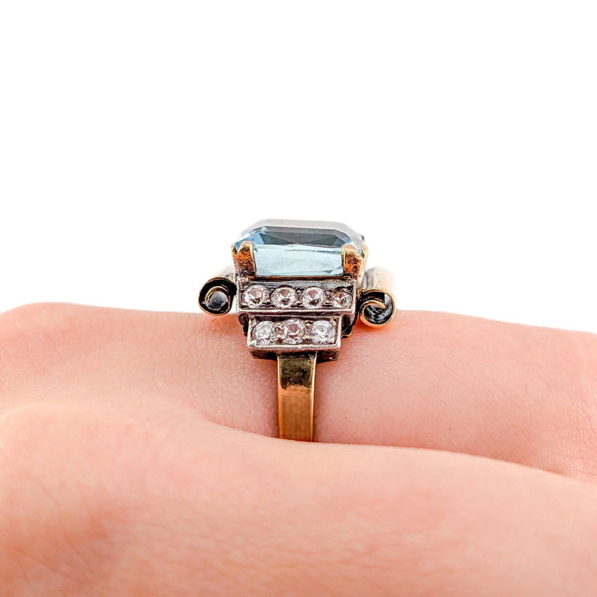 Vintage 14K Gold & Platinum 7 ct Aquamarine Retro Tank Ring with Paste Accents