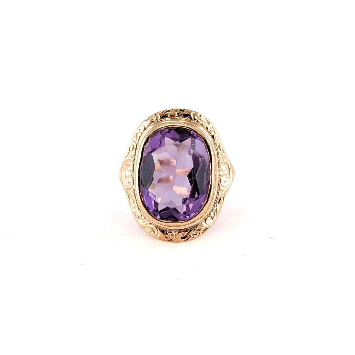 Vintage 14K Yellow Gold Amethyst Ring with Ornate Engraved Setting