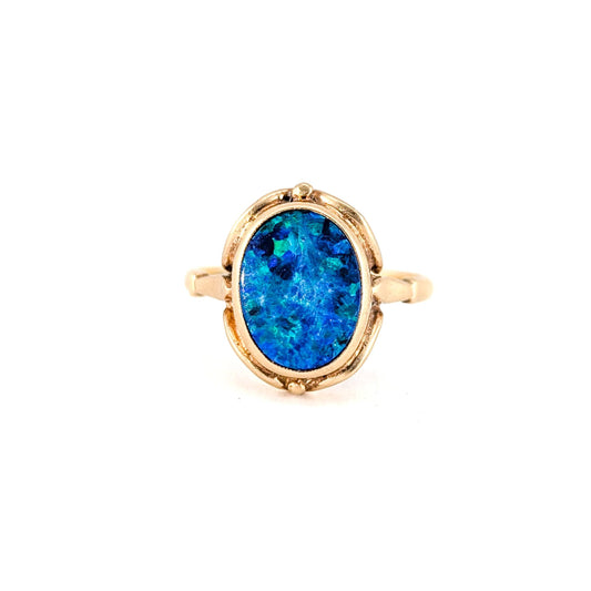 Vintage 9K Yellow Gold Blue & Green Opal Doublet Ring