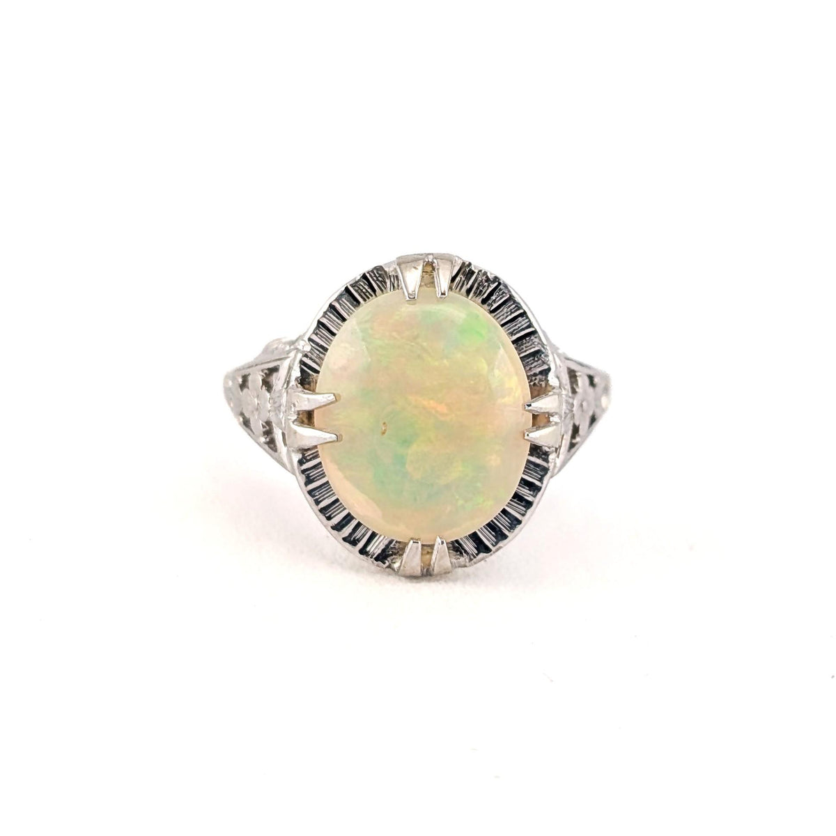 Antique Art Deco 10K White Gold Ethiopian Opal Ring