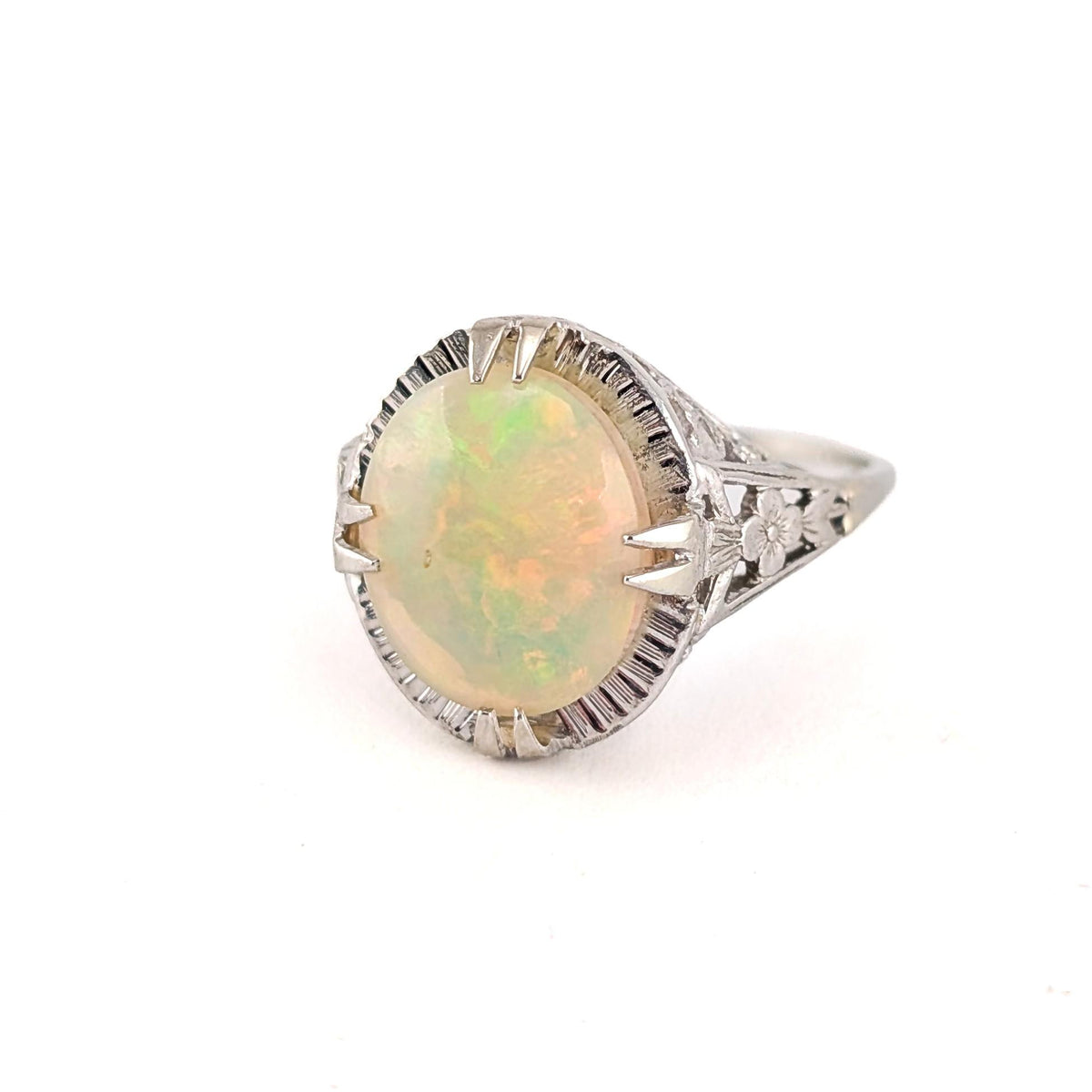 Antique Art Deco 10K White Gold Ethiopian Opal Ring