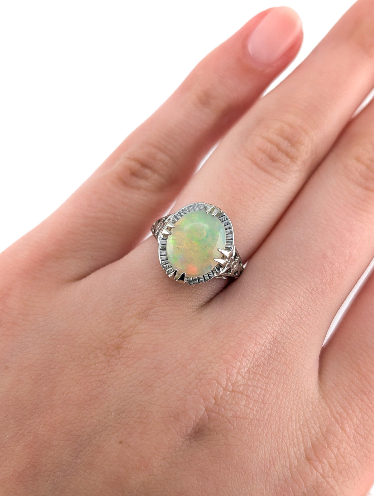 Antique Art Deco 10K White Gold Ethiopian Opal Ring