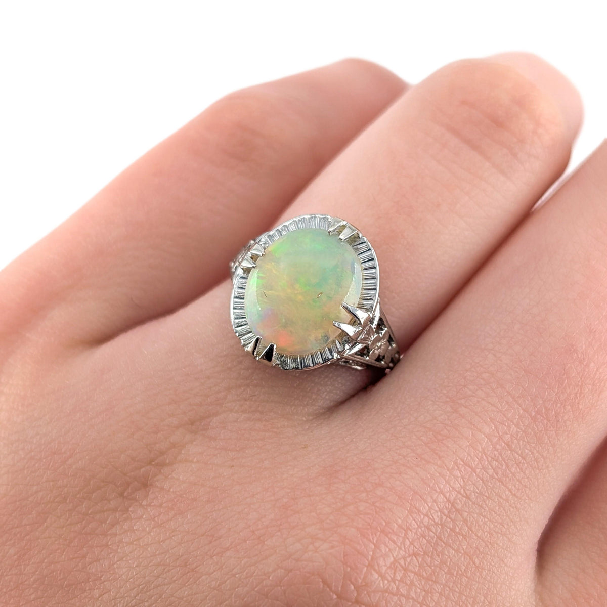 Antique Art Deco 10K White Gold Ethiopian Opal Ring