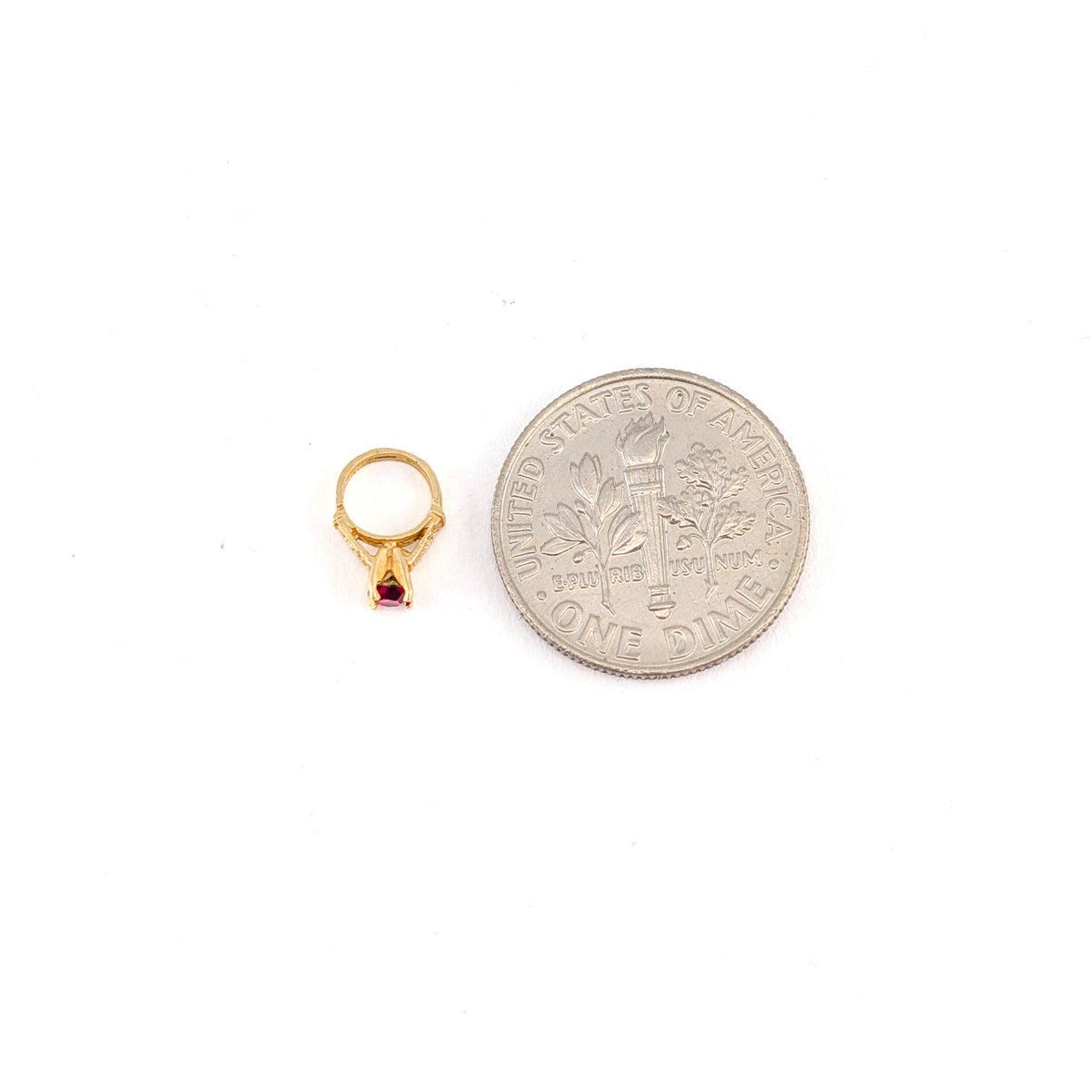 Vintage 14K Yellow Gold Miniature Solitaire Ring Charm with Red Glass