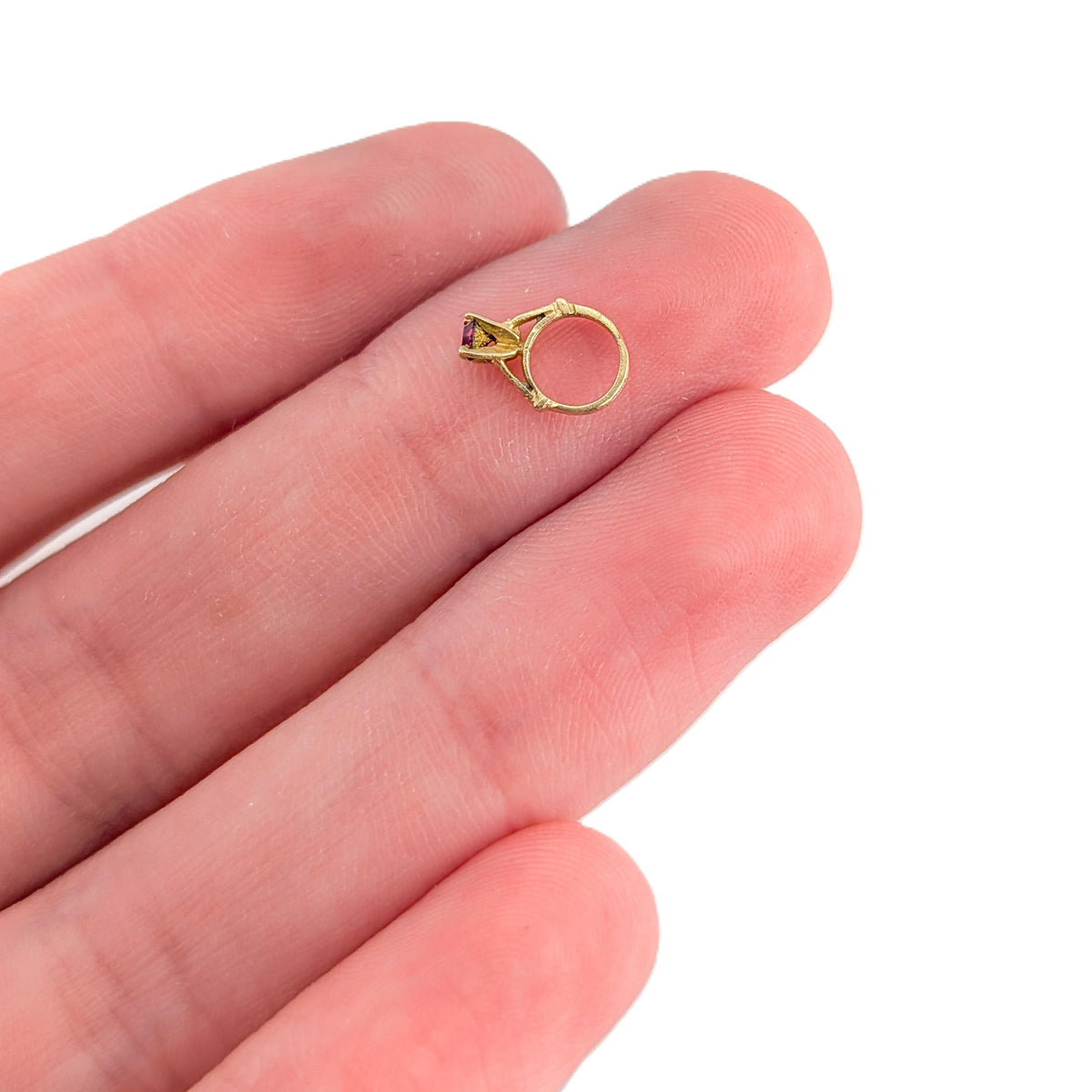 Vintage 14K Yellow Gold Miniature Solitaire Ring Charm with Red Glass