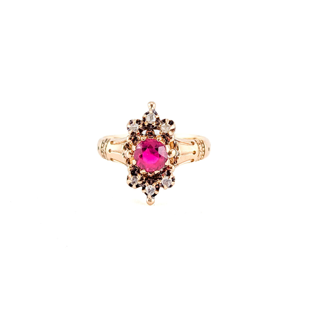 Antique Victorian 10K Gold Synthetic Ruby & Rose-Cut Diamond Ring