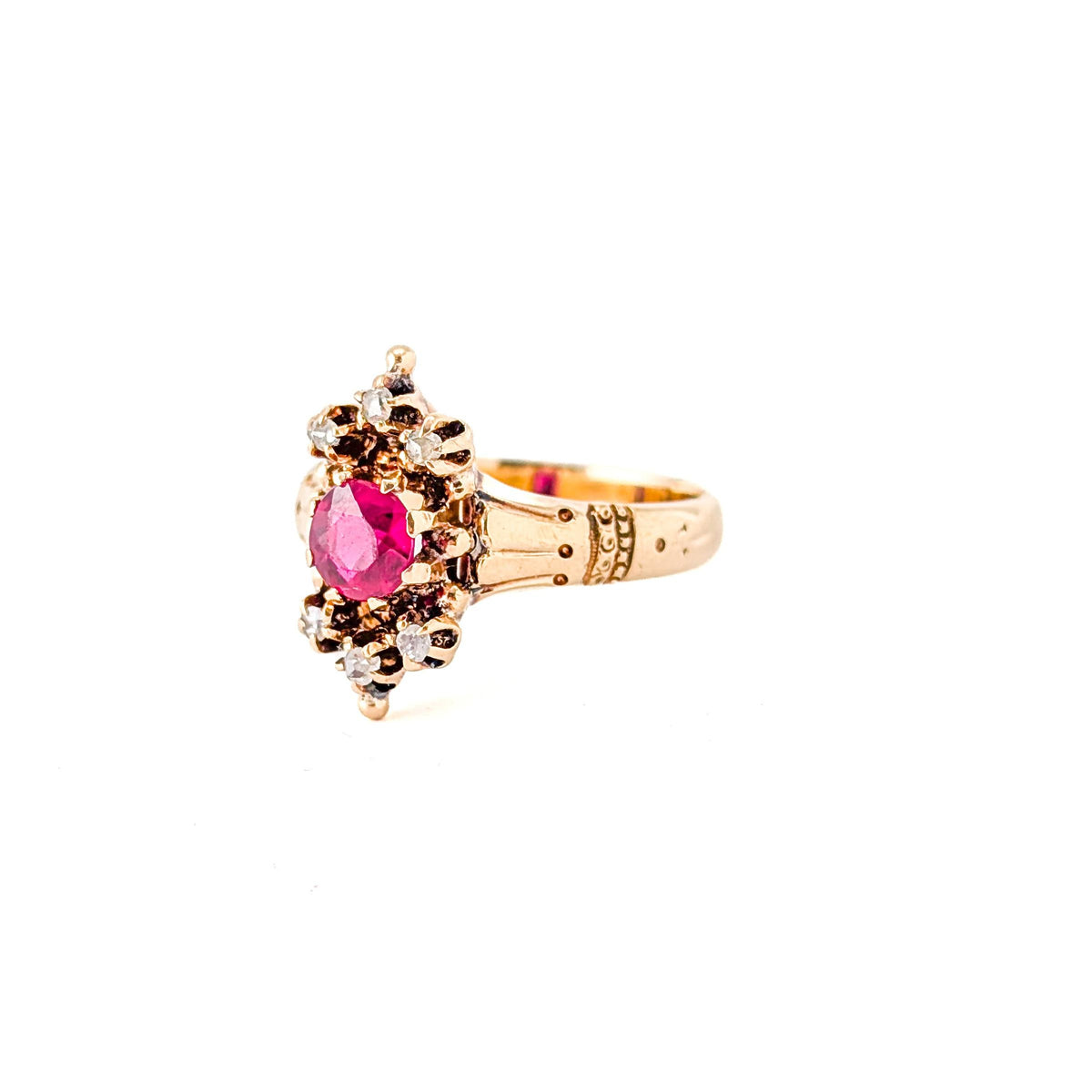 Antique Victorian 10K Gold Synthetic Ruby & Rose-Cut Diamond Ring