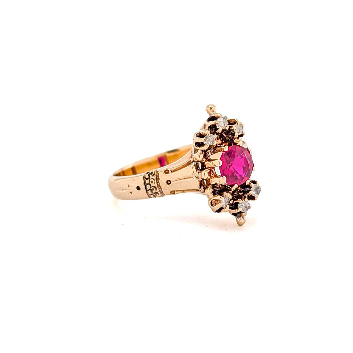 Antique Victorian 10K Gold Synthetic Ruby & Rose-Cut Diamond Ring