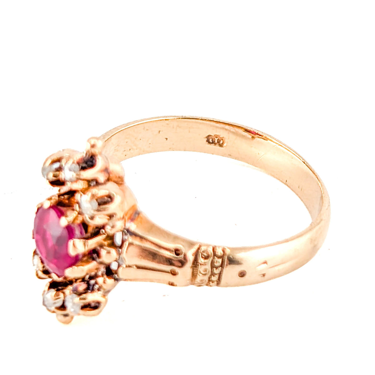 Antique Victorian 10K Gold Synthetic Ruby & Rose-Cut Diamond Ring