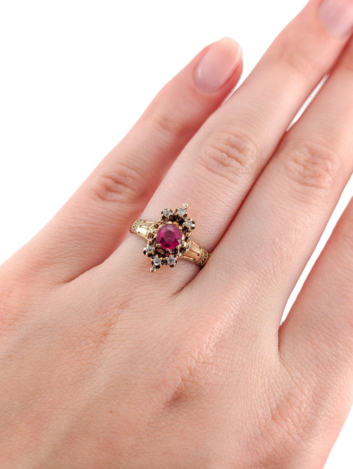 Antique Victorian 10K Gold Synthetic Ruby & Rose-Cut Diamond Ring