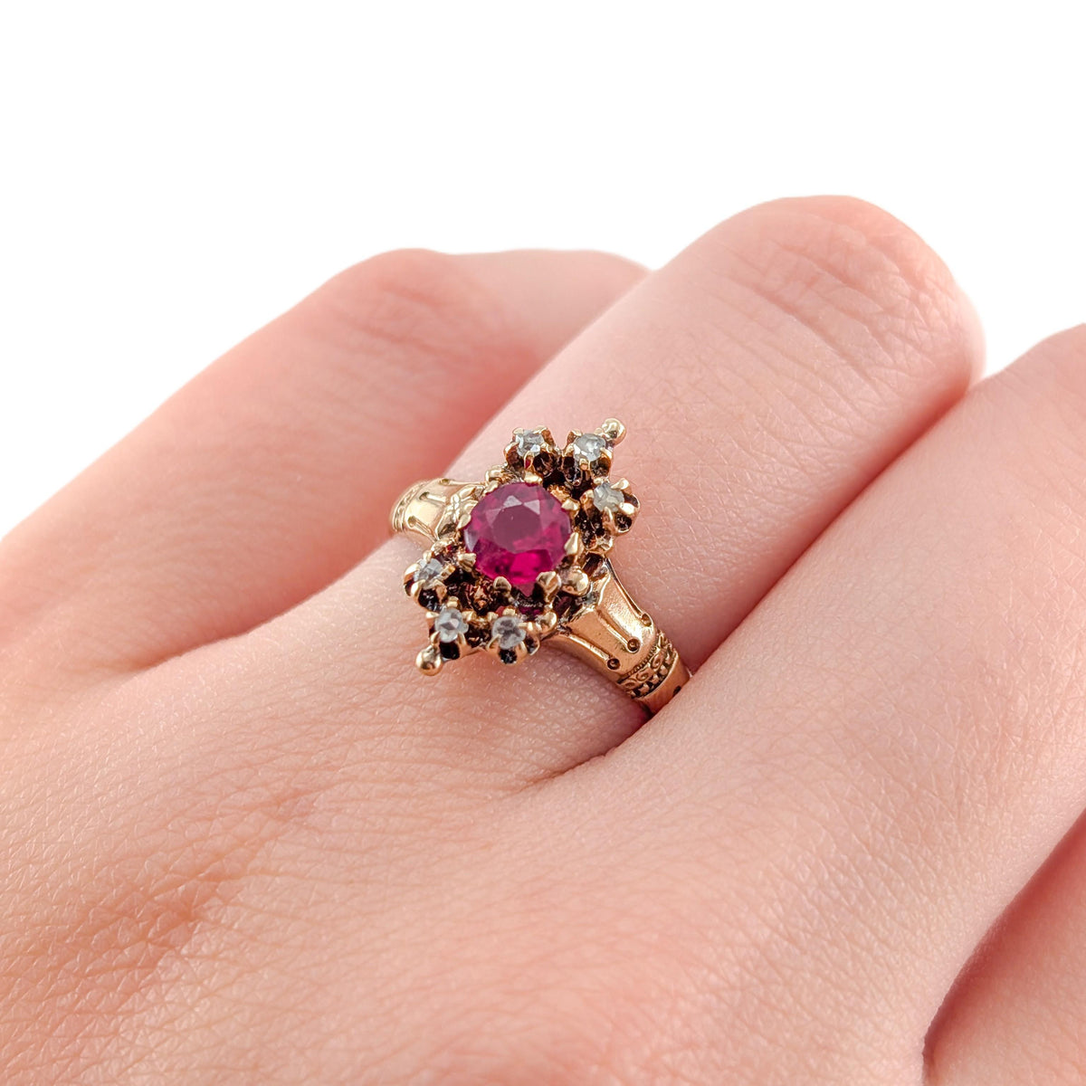 Antique Victorian 10K Gold Synthetic Ruby & Rose-Cut Diamond Ring