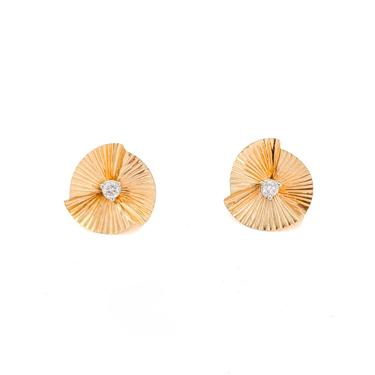 Vintage 14K Yellow Gold Pleated Fan Jacket & Natural Diamond Stud Earrings