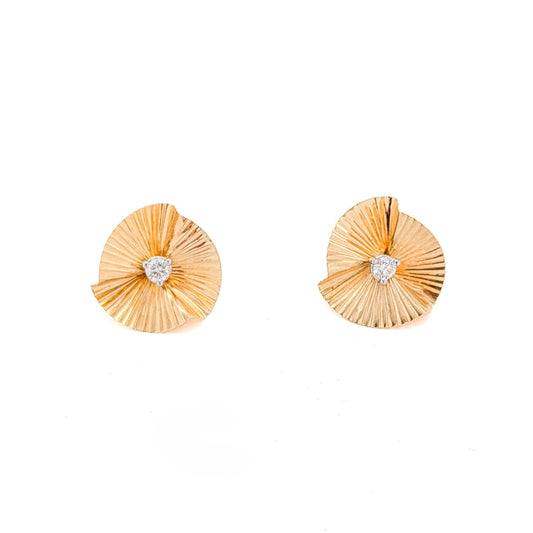 Vintage 14K Yellow Gold Pleated Fan Jacket & Natural Diamond Stud Earrings
