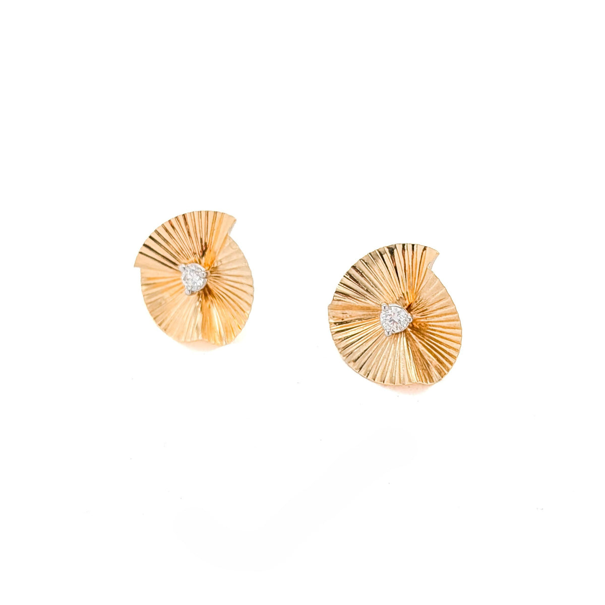 Vintage 14K Yellow Gold Pleated Fan Jacket & Natural Diamond Stud Earrings