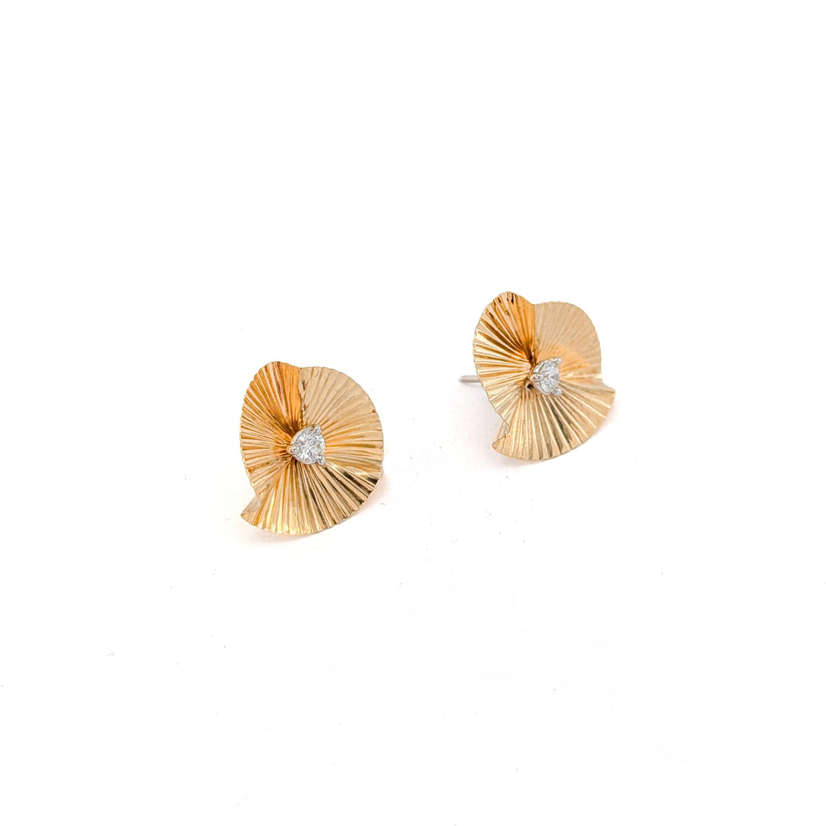 Vintage 14K Yellow Gold Pleated Fan Jacket & Natural Diamond Stud Earrings