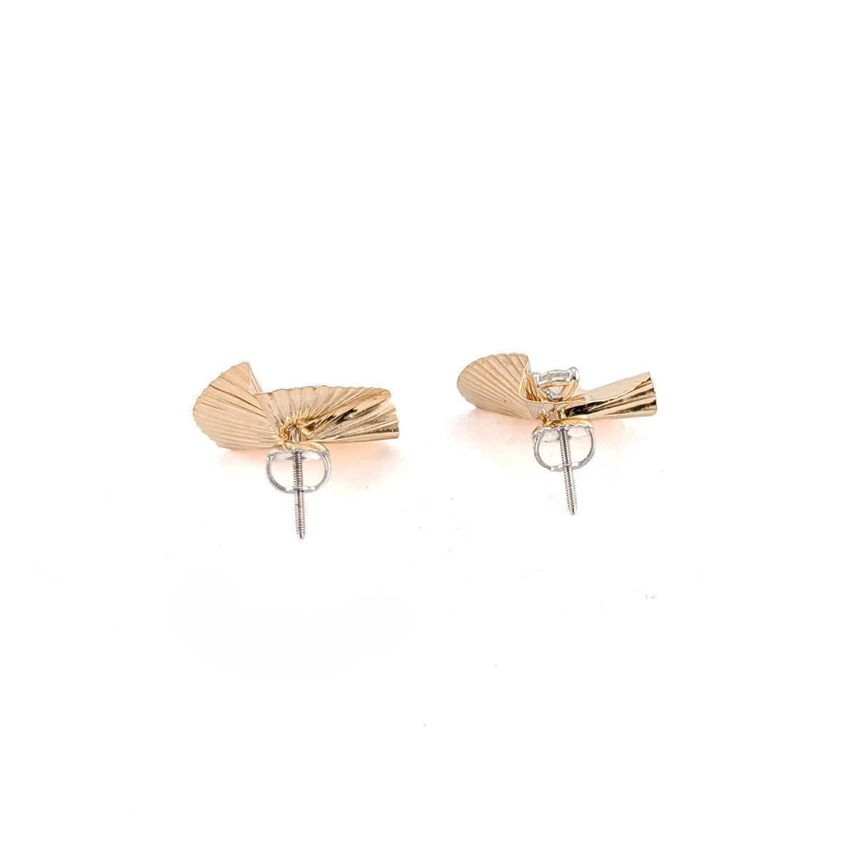 Vintage 14K Yellow Gold Pleated Fan Jacket & Natural Diamond Stud Earrings