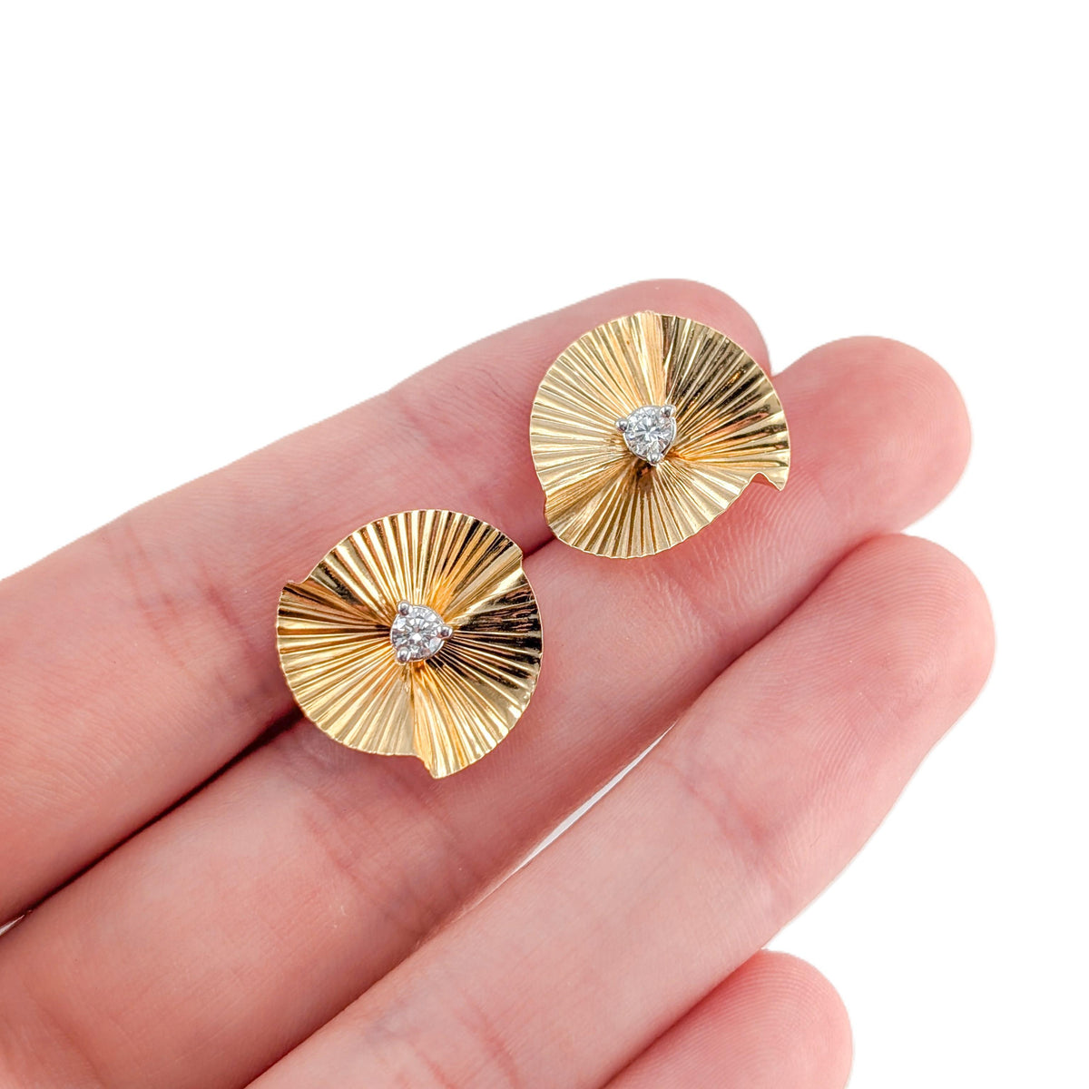 Vintage 14K Yellow Gold Pleated Fan Jacket & Natural Diamond Stud Earrings
