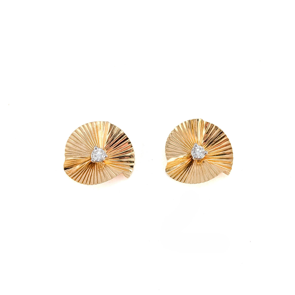 Vintage 14K Yellow Gold Pleated Fan Jacket & Natural Diamond Stud Earrings