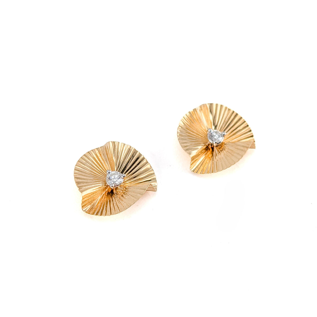 Vintage 14K Yellow Gold Pleated Fan Jacket & Natural Diamond Stud Earrings