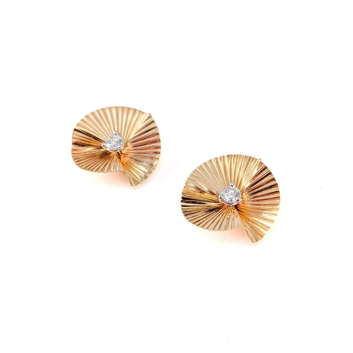 Vintage 14K Yellow Gold Pleated Fan Jacket & Natural Diamond Stud Earrings