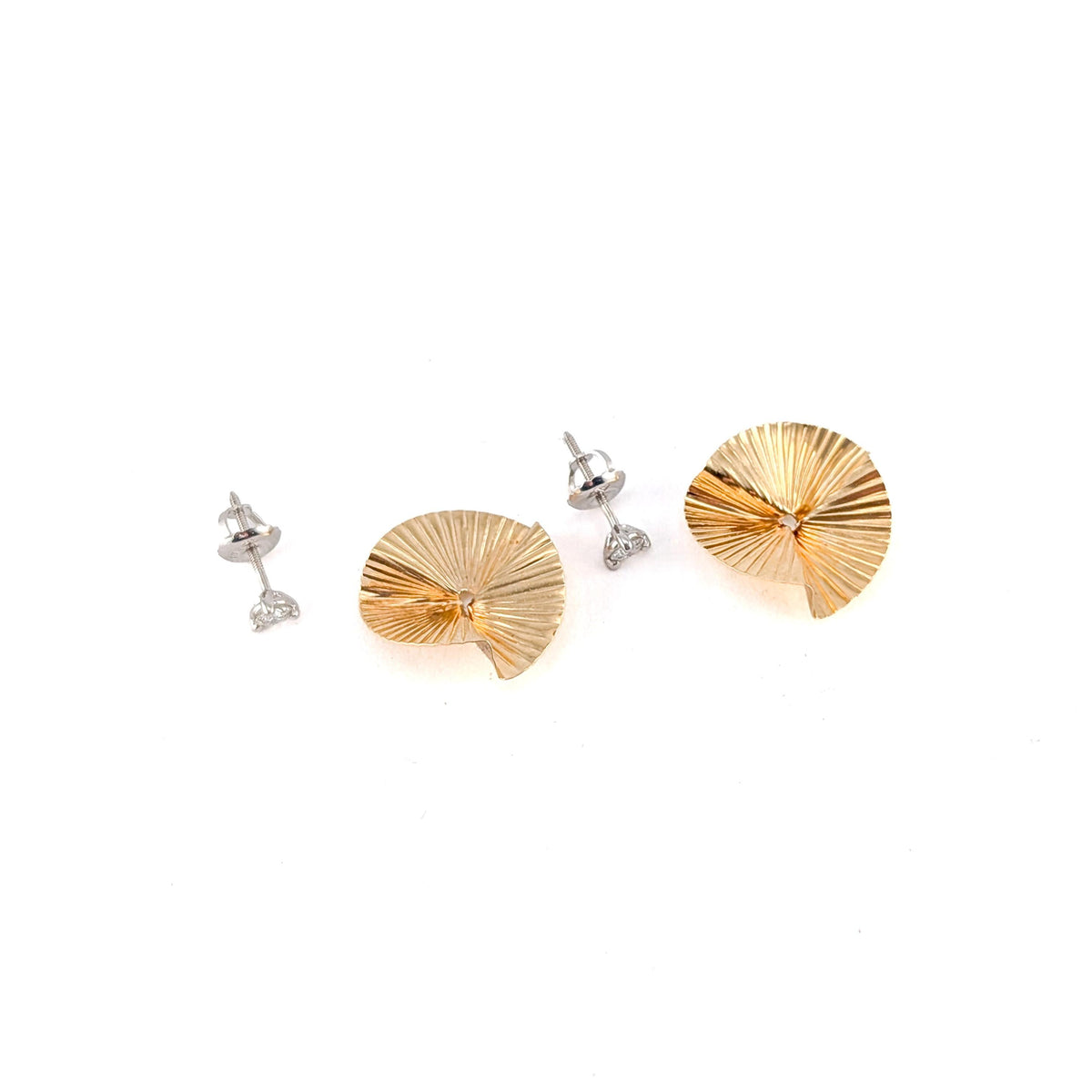 Vintage 14K Yellow Gold Pleated Fan Jacket & Natural Diamond Stud Earrings