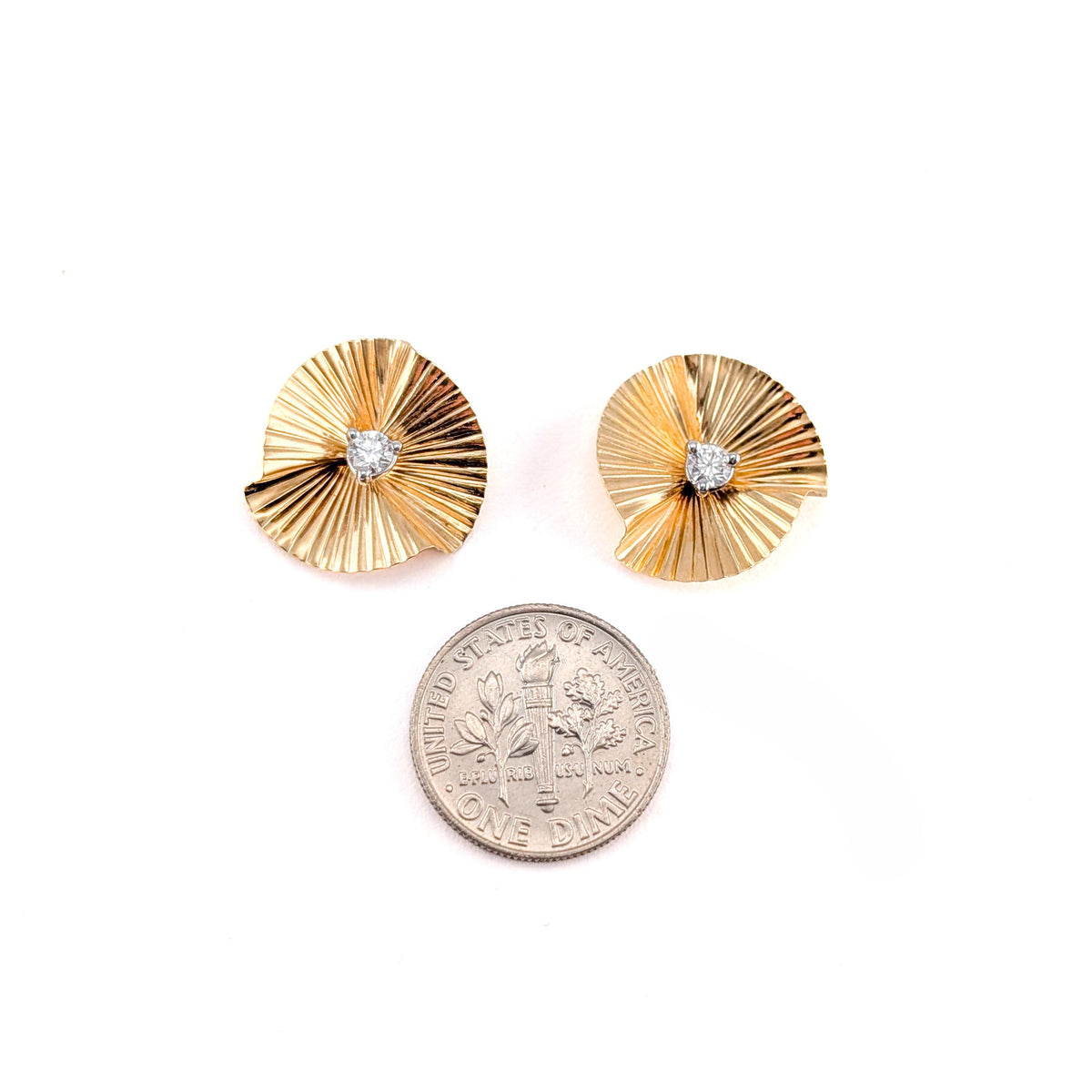 Vintage 14K Yellow Gold Pleated Fan Jacket & Natural Diamond Stud Earrings