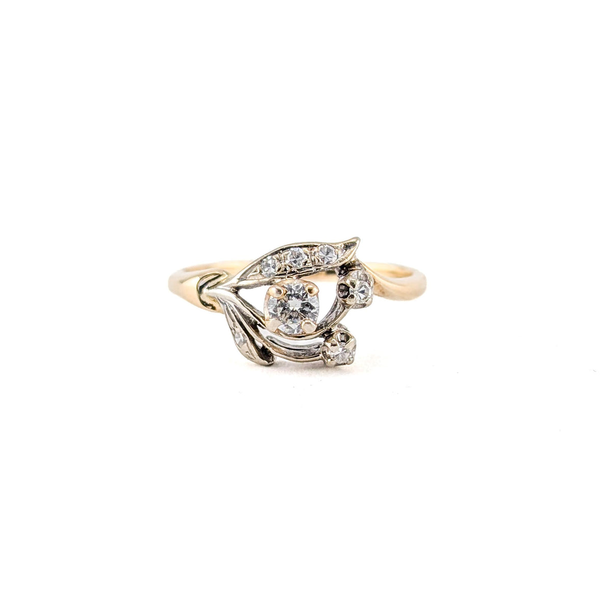 Vintage Retro 14K White & Yellow Gold Diamond Floral Ring