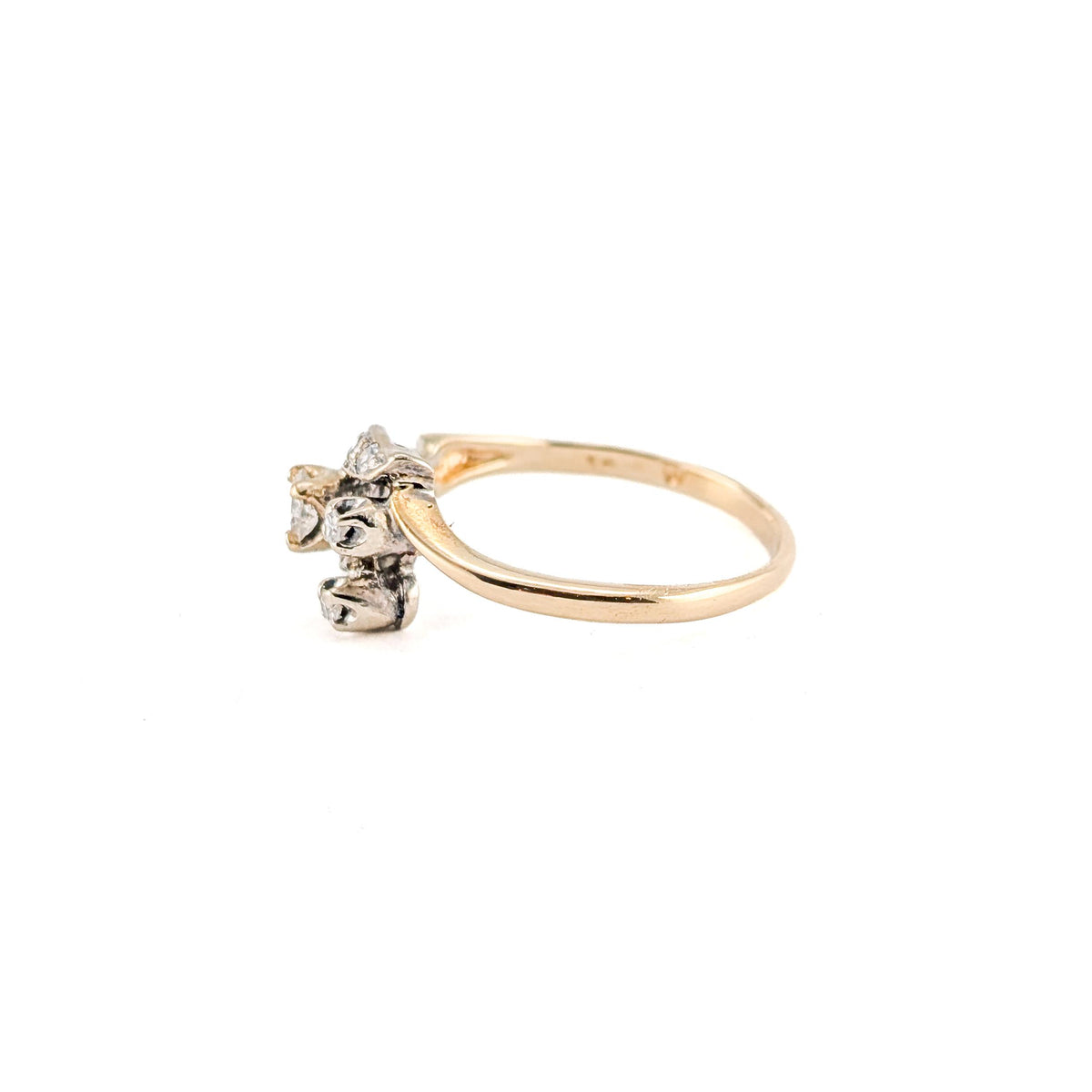 Vintage Retro 14K White & Yellow Gold Diamond Floral Ring