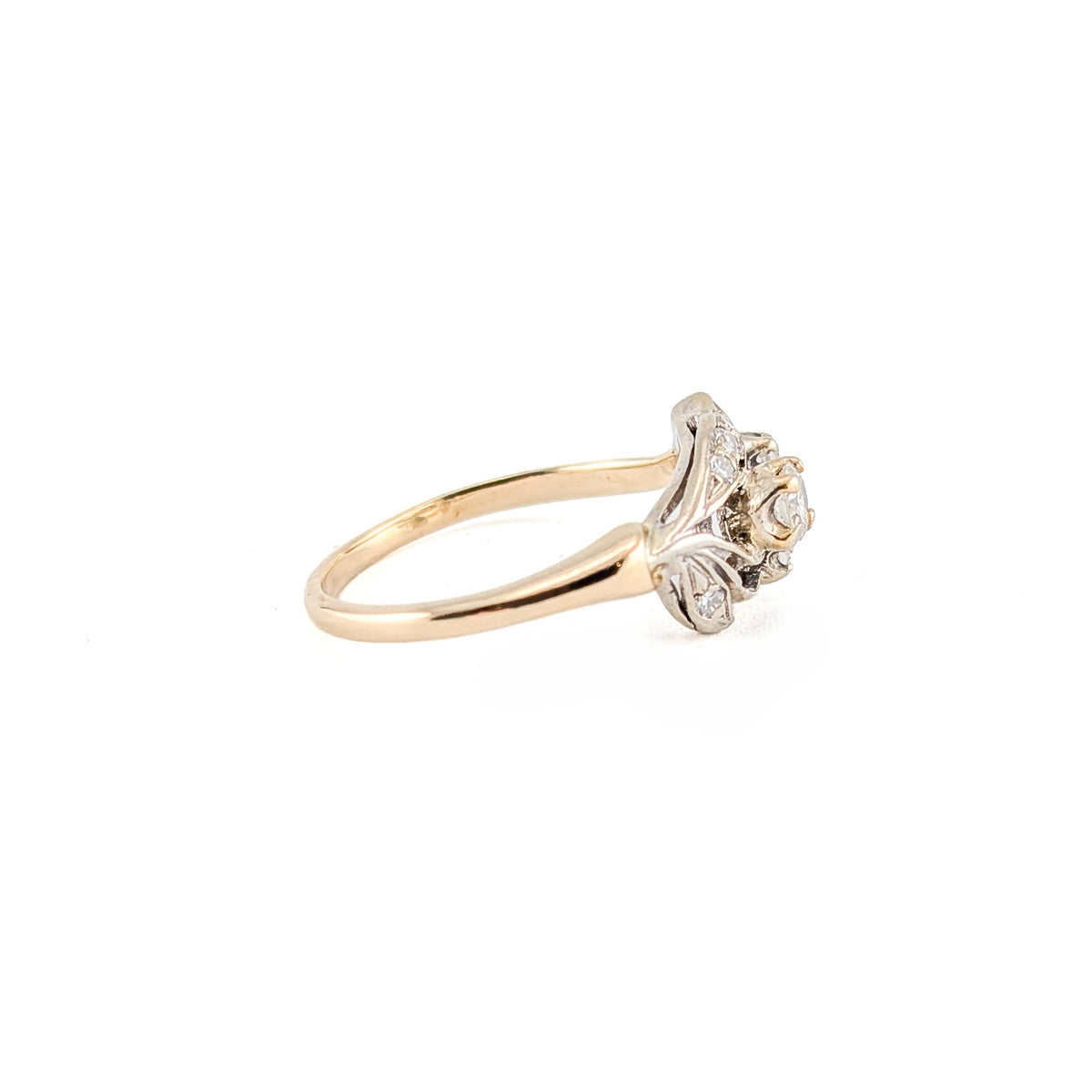 Vintage Retro 14K White & Yellow Gold Diamond Floral Ring