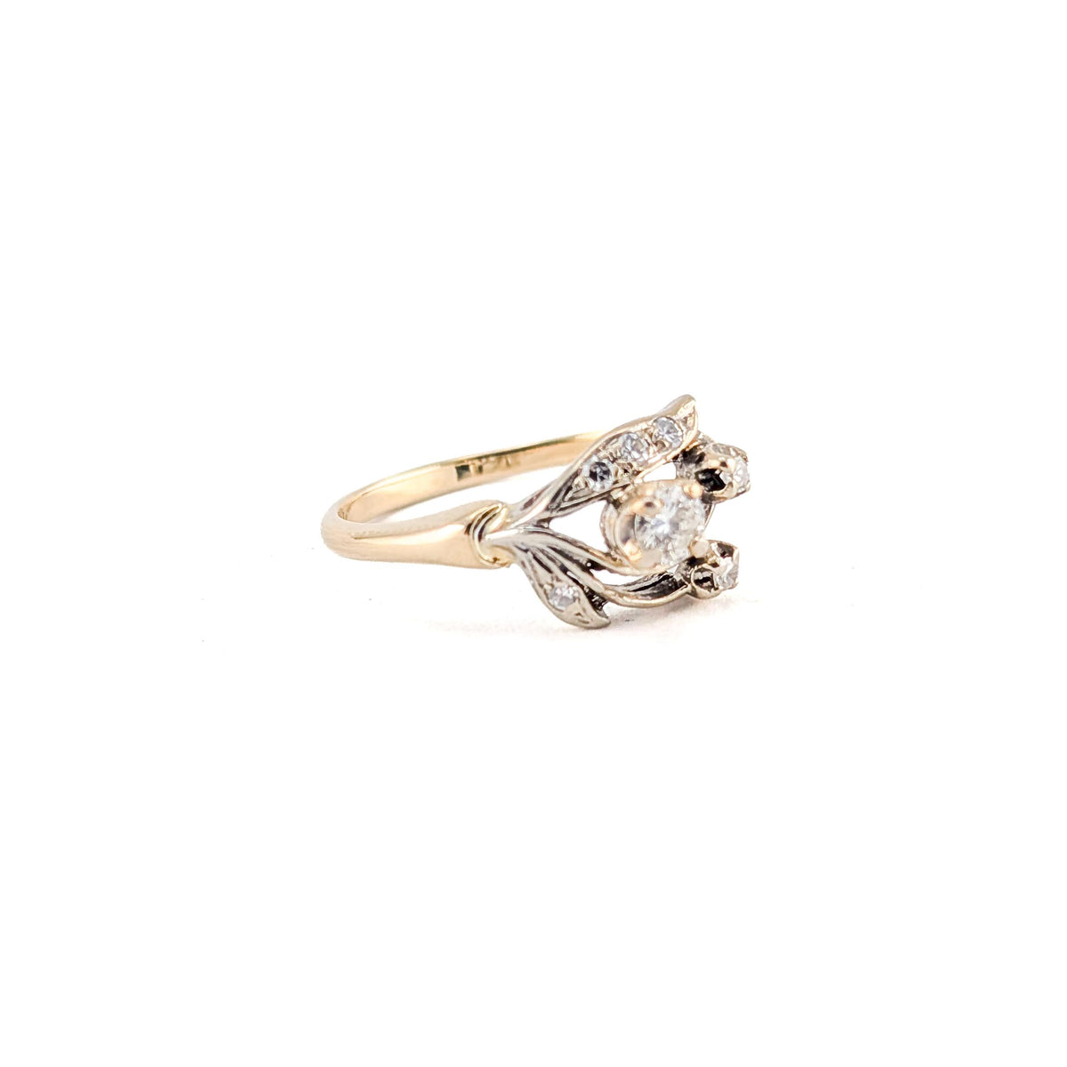 Vintage Retro 14K White & Yellow Gold Diamond Floral Ring