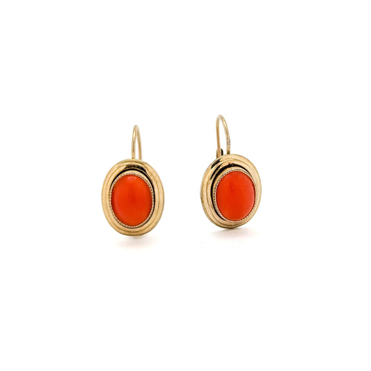 Vintage 8K Yellow Gold Coral Cabochon Leverback Earrings