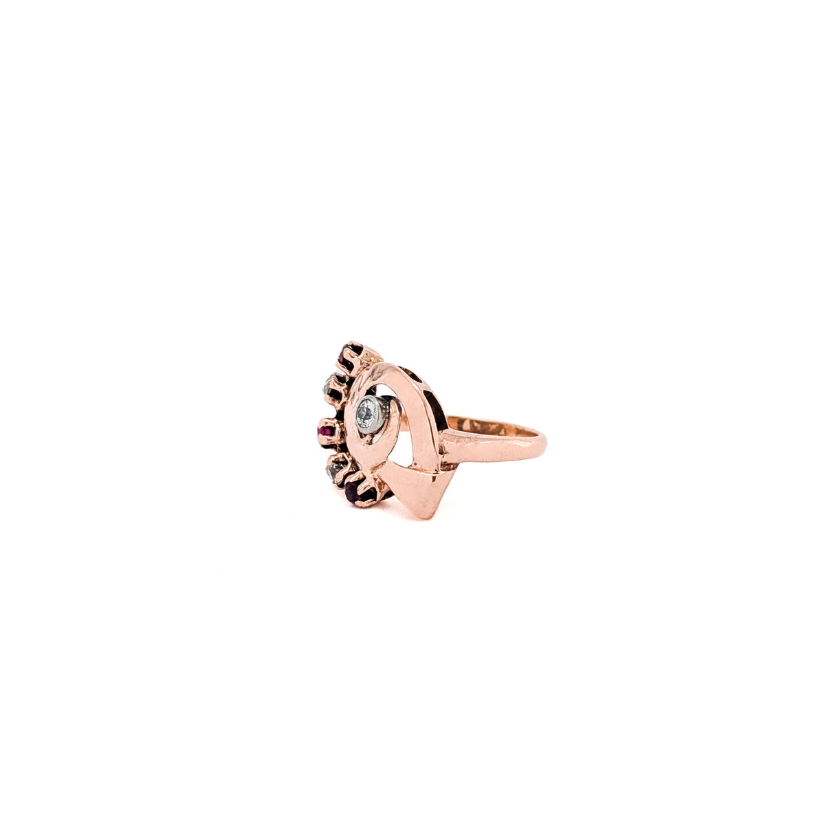 Retro 14K Rose Gold Ruby & Diamond Cocktail Ring with Platinum Bezel