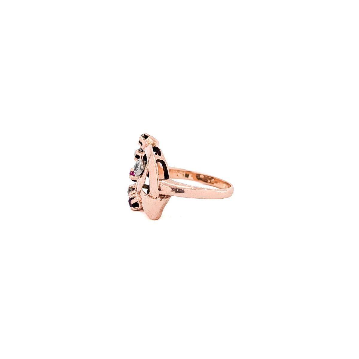 Retro 14K Rose Gold Ruby & Diamond Cocktail Ring with Platinum Bezel