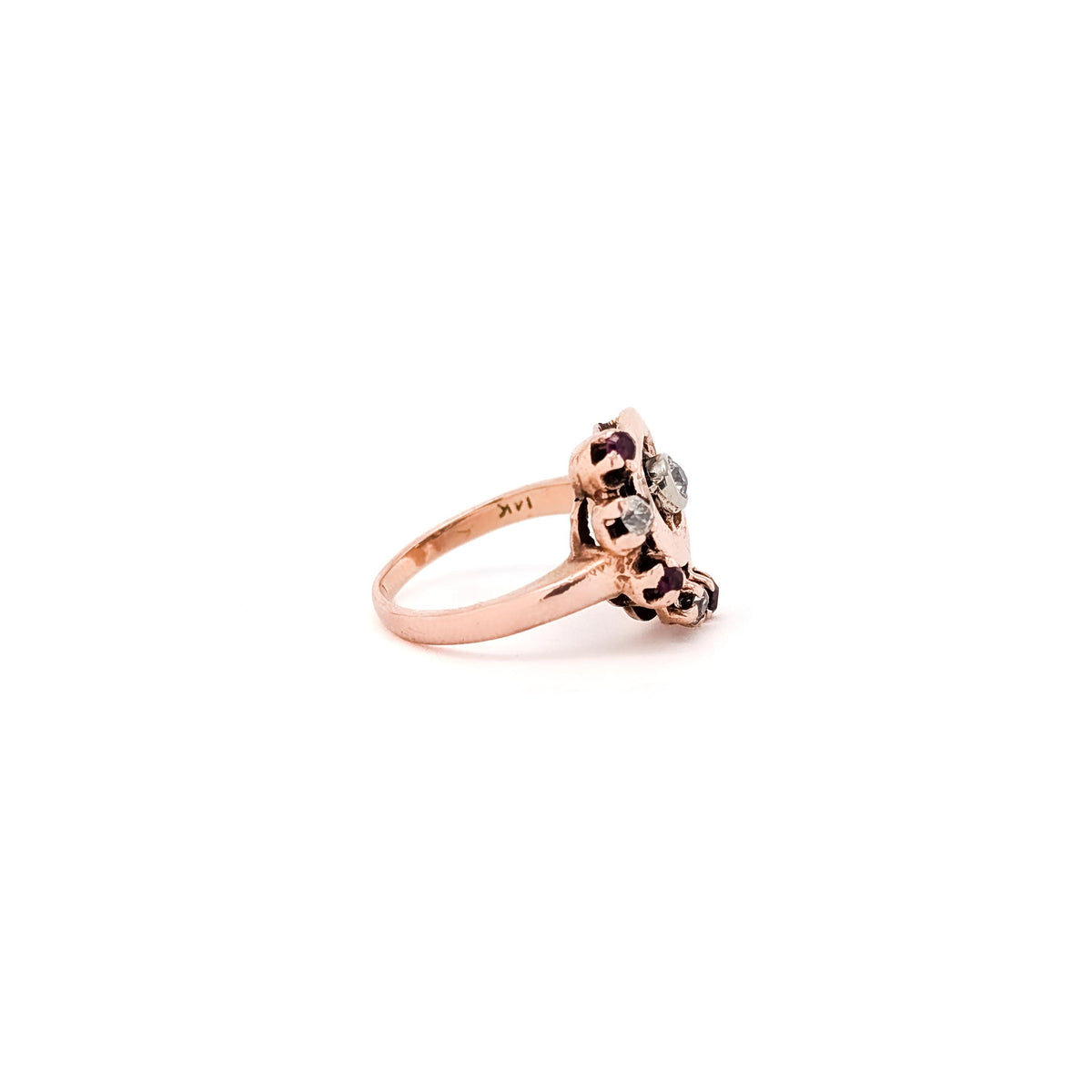 Retro 14K Rose Gold Ruby & Diamond Cocktail Ring with Platinum Bezel