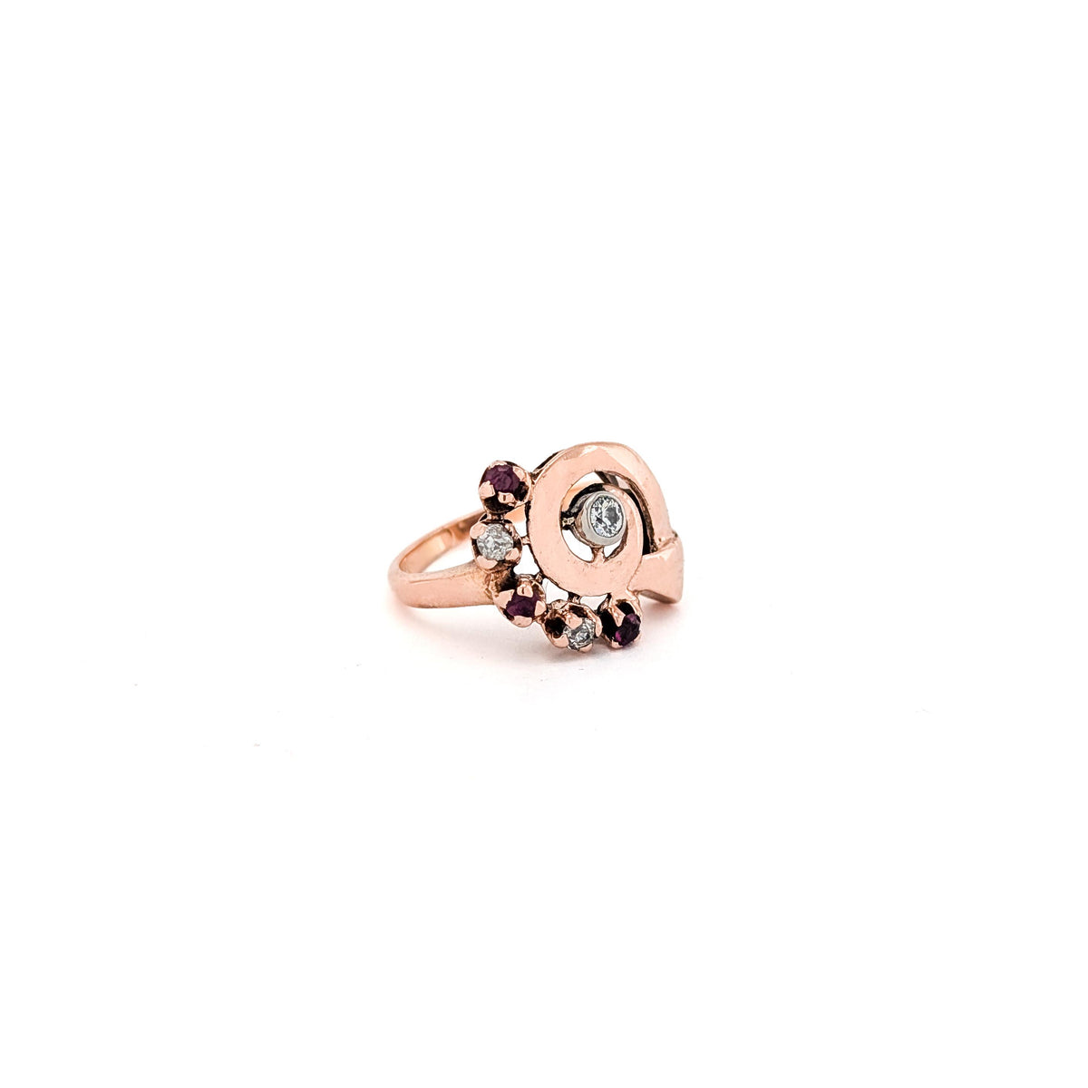 Retro 14K Rose Gold Ruby & Diamond Cocktail Ring with Platinum Bezel