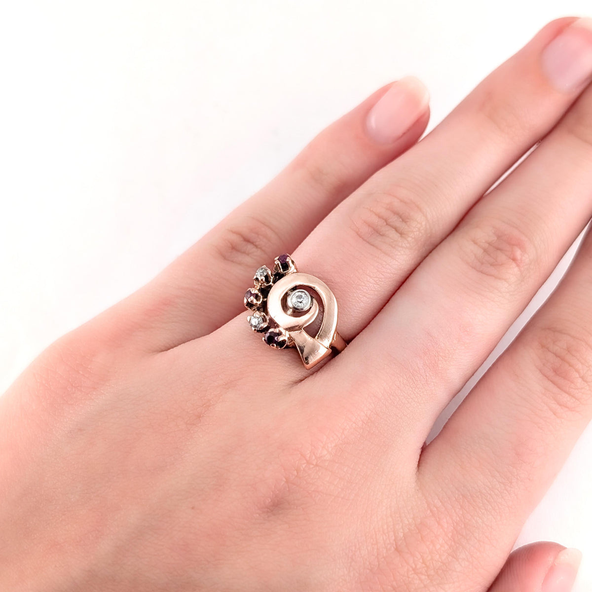 Retro 14K Rose Gold Ruby & Diamond Cocktail Ring with Platinum Bezel