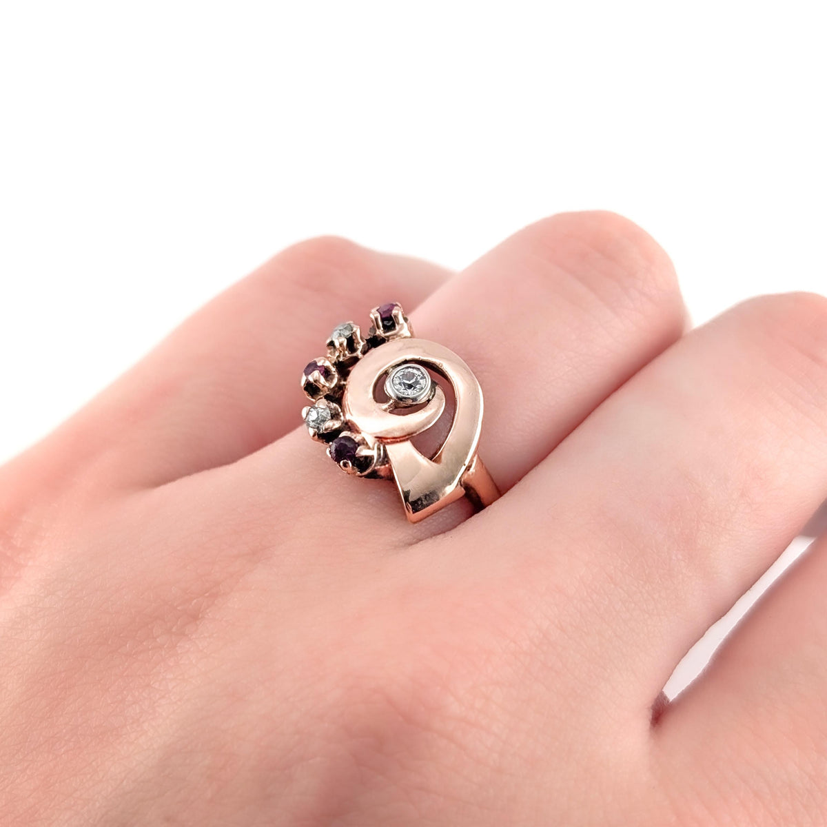 Retro 14K Rose Gold Ruby & Diamond Cocktail Ring with Platinum Bezel