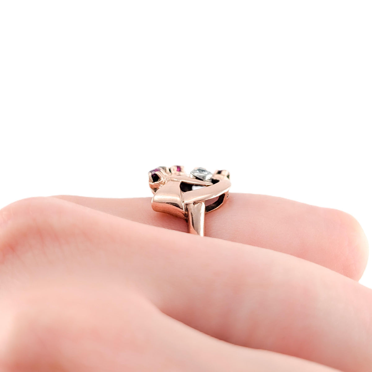 Retro 14K Rose Gold Ruby & Diamond Cocktail Ring with Platinum Bezel