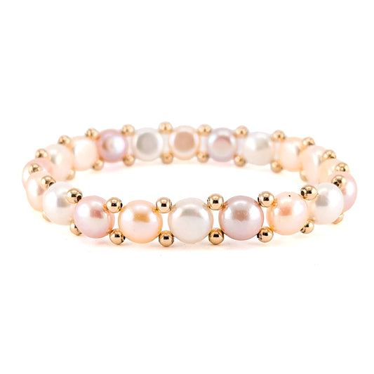 Estate 14K Yellow Gold Multicolor Cultured Button Pearl Beaded Stretch Bracelet