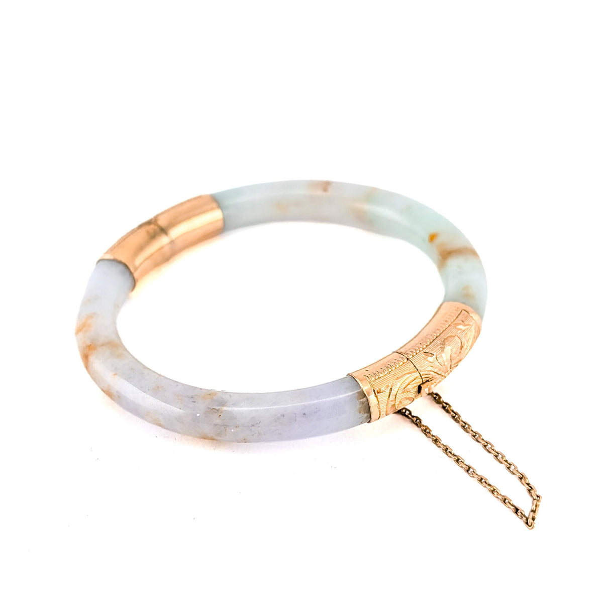Vintage Mid-Century 14K Yellow Gold Jadeite Jade Hinged Bangle Bracelet