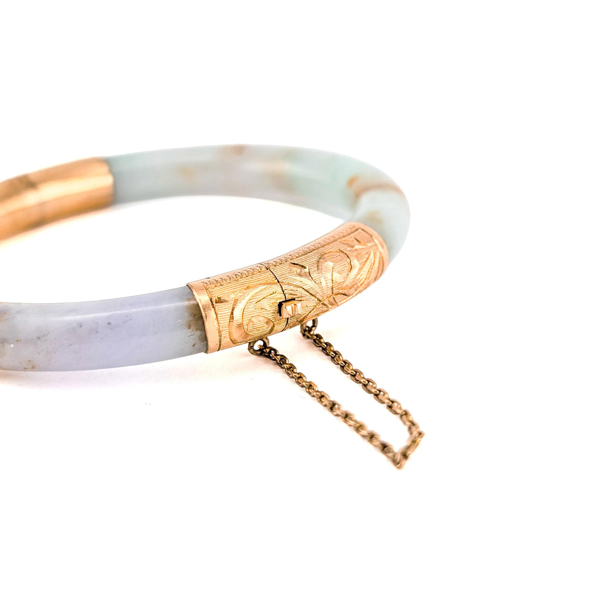 Vintage Mid-Century 14K Yellow Gold Jadeite Jade Hinged Bangle Bracelet