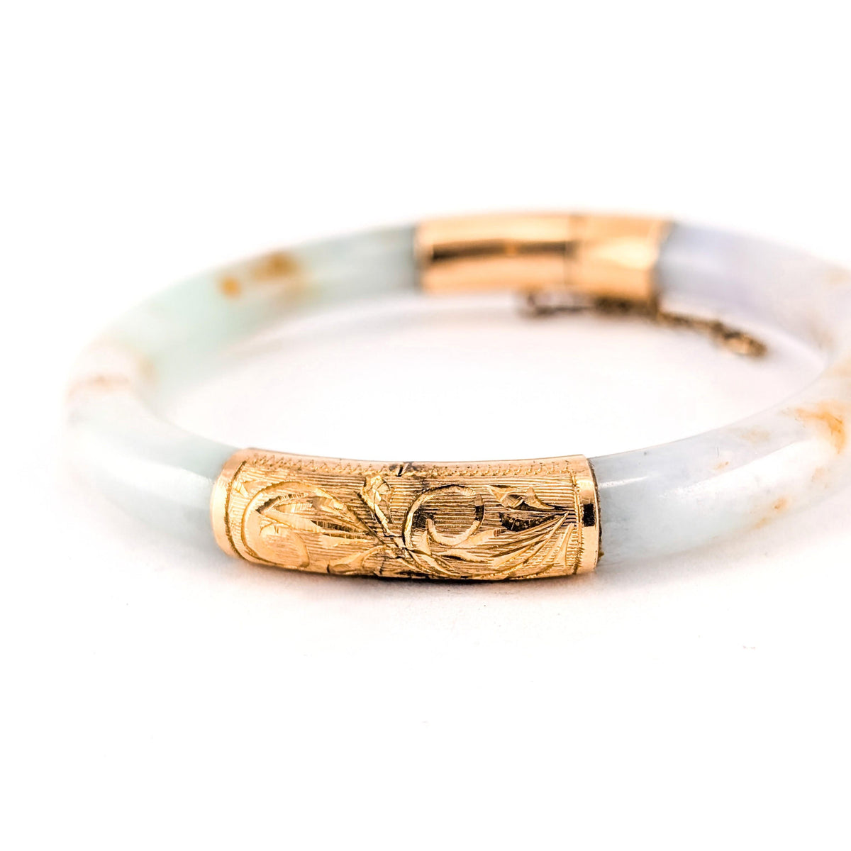 Vintage Mid-Century 14K Yellow Gold Jadeite Jade Hinged Bangle Bracelet