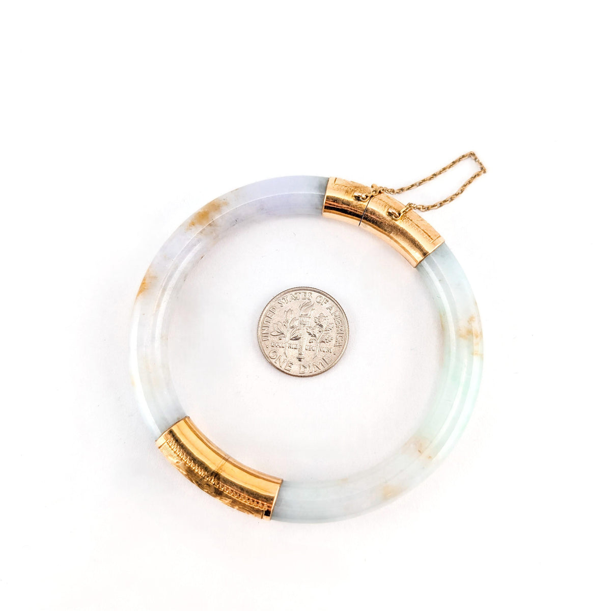 Vintage Mid-Century 14K Yellow Gold Jadeite Jade Hinged Bangle Bracelet