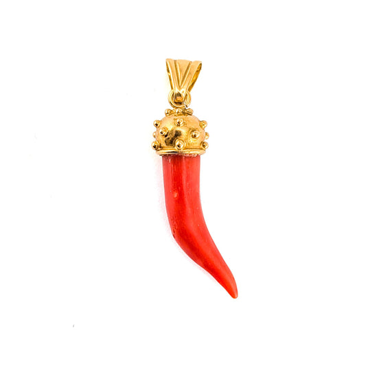 Vintage 14K Yellow Gold Red Coral Italian Horn Cornicello Pendant