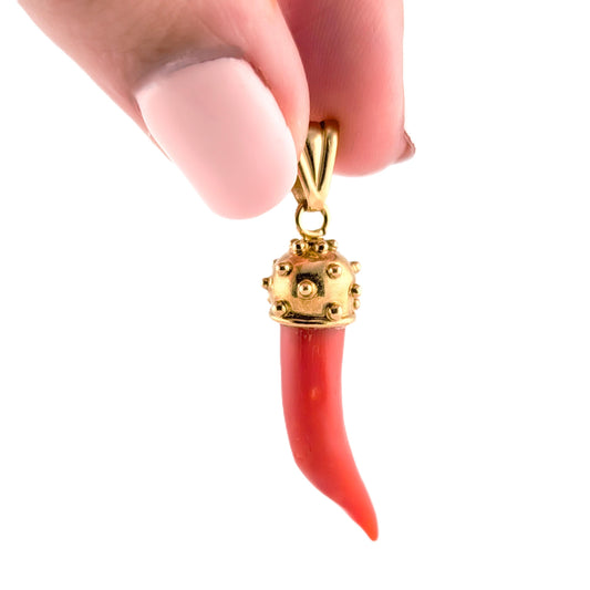 Vintage 14K Yellow Gold Red Coral Italian Horn Cornicello Pendant
