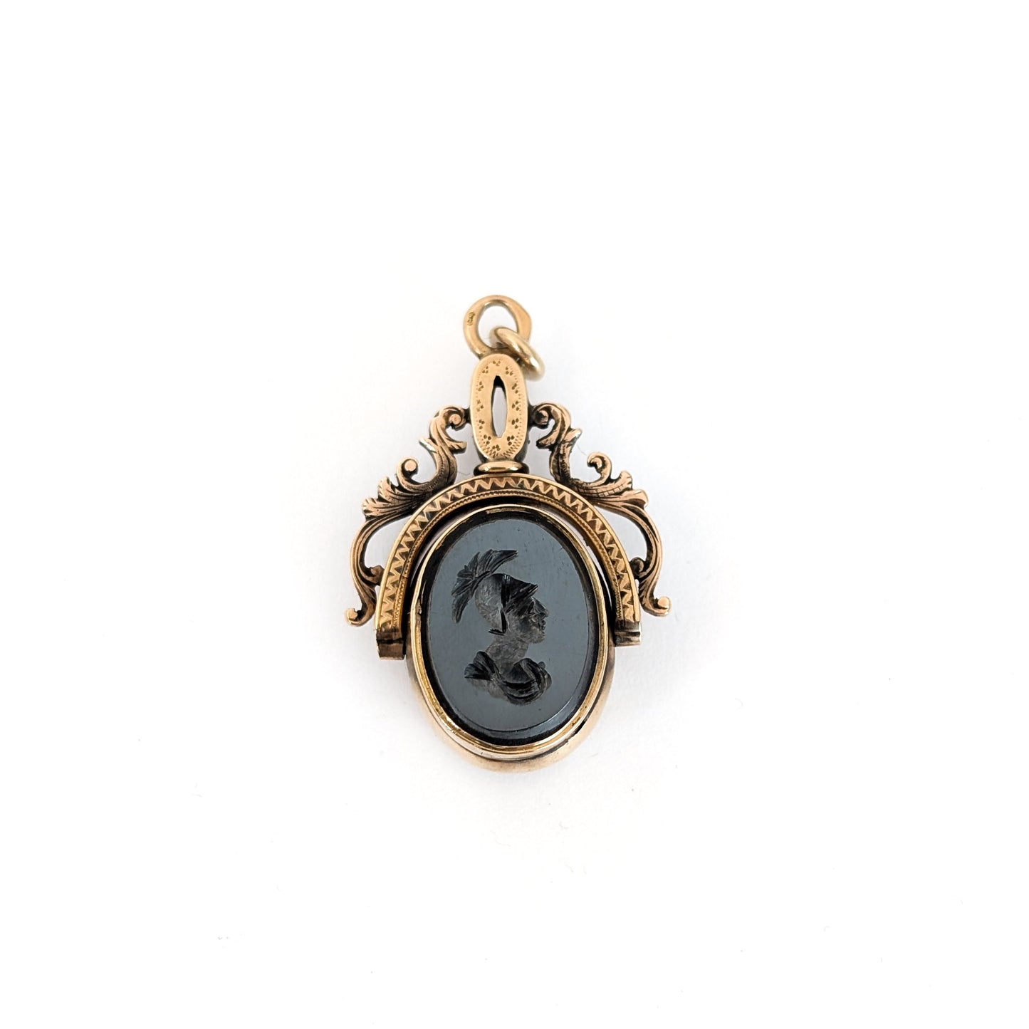 Victorian 15K Gold Swivel Pendant Fob w/ Bloodstone & Roman Hematite Intaglio