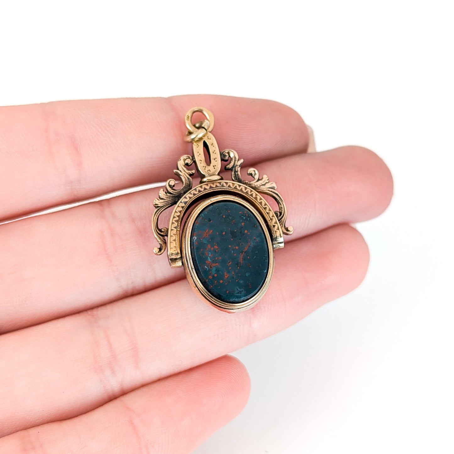 Victorian 15K Gold Swivel Pendant Fob w/ Bloodstone & Roman Hematite Intaglio