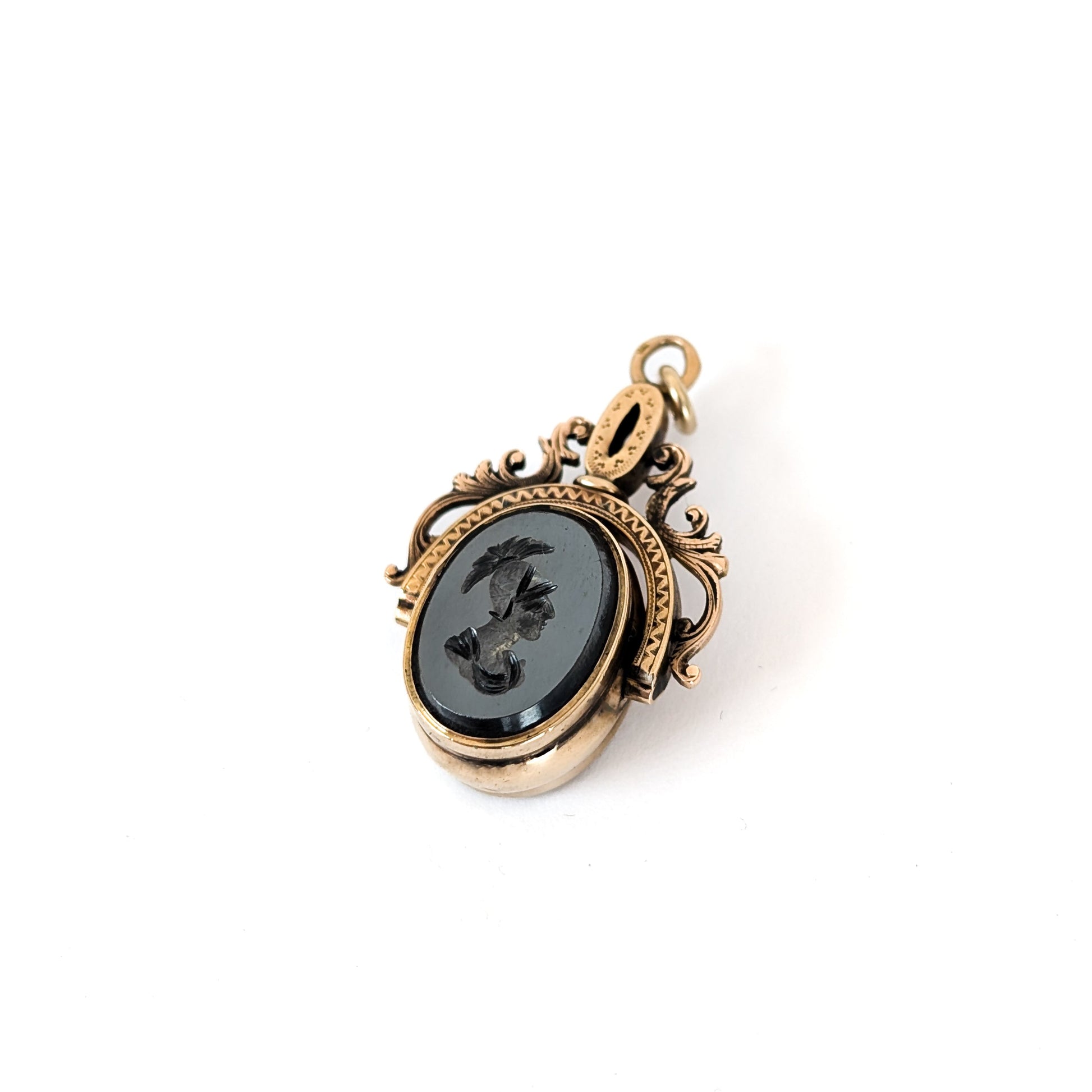 Victorian 15K Gold Swivel Pendant Fob w/ Bloodstone & Roman Hematite Intaglio