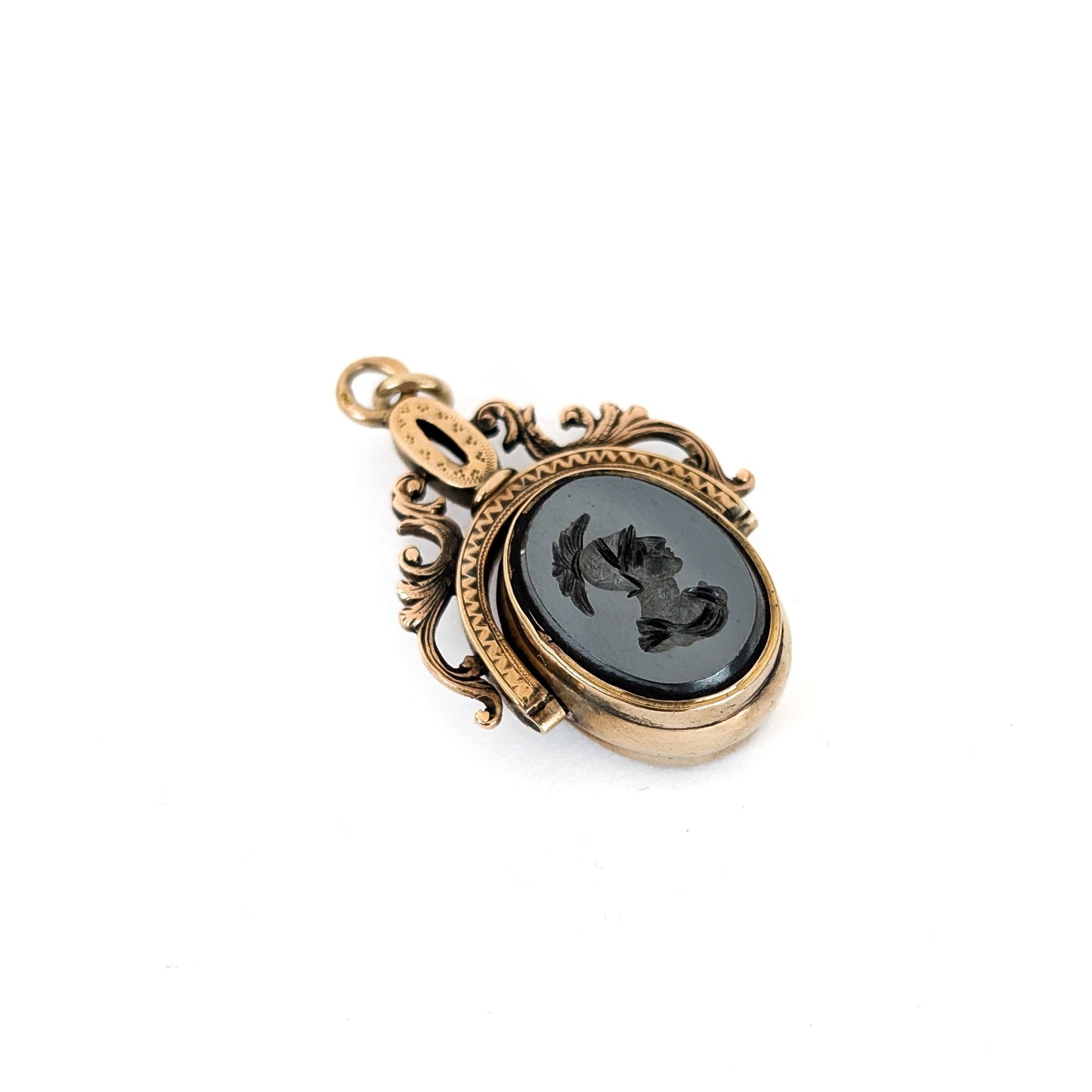 Victorian 15K Gold Swivel Pendant Fob w/ Bloodstone & Roman Hematite Intaglio